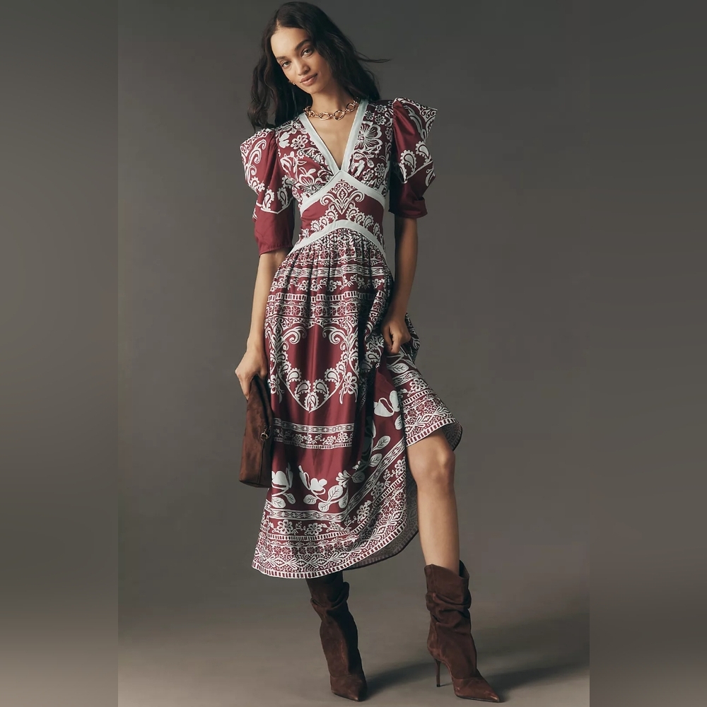 Farm Rio x Anthropologie Printed V-Neck Puff-Sleeve Maxi Dress Size XL NWT